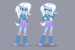 Size: 900x600 | Tagged: safe, artist:khuzang, imported from derpibooru, trixie, equestria girls, clothes, cute, diatrixes, female, grin, happy, simple background, skirt, smiling, smirk, solo