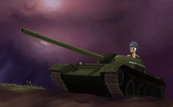 Size: 2900x1800 | Tagged: safe, artist:mrscroup, imported from derpibooru, applejack, how applejack won the war, :d, female, russian, smiling, solo, t-54, tank (vehicle)