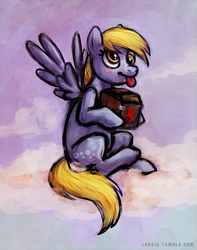 Size: 545x693 | Tagged: dead source, safe, artist:fjording, imported from derpibooru, derpy hooves, pegasus, pony, cloud, cloudy, female, mare, package, solo, tongue out