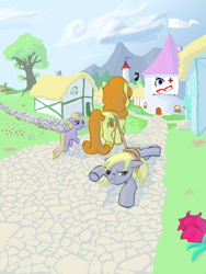 Size: 600x800 | Tagged: artist needed, source needed, safe, imported from derpibooru, carrot top, derpy hooves, dinky hooves, golden harvest, earth pony, pegasus, pony, unicorn, female, filly, glasses, mare, optician, rope, trio, trio female