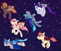 Size: 960x800 | Tagged: safe, artist:timid tracks, imported from derpibooru, oc, oc only, oc:cloud twist, oc:crisp air, oc:glimmer palette, oc:peach blossom, oc:sweet hum, oc:swift edge, bat pony, pony, airlette, flying, night, peachtwist, starry night, stars, sweetedge