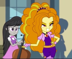 Size: 756x622 | Tagged: safe, imported from derpibooru, screencap, adagio dazzle, octavia melody, tennis match, equestria girls, rainbow rocks, background human, faic, funny face, smiling