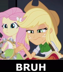 Size: 1800x2053 | Tagged: safe, imported from derpibooru, screencap, applejack, fluttershy, equestria girls, rainbow rocks, applejack is not amused, bruh, female, frown, glare, raised eyebrow, reaction image, vine video