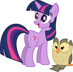 Size: 3549x3534 | Tagged: safe, artist:porygon2z, imported from derpibooru, owlowiscious, twilight sparkle, bird, owl, pony, unicorn, butt, duo, female, high res, looking back, looking over shoulder, mare, plot, simple background, solo, transparent background, twibutt, unicorn twilight, vector