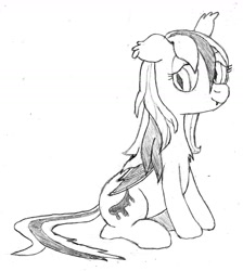 Size: 1527x1708 | Tagged: safe, artist:xiagu, imported from derpibooru, oc, oc only, oc:inky, bat pony, pony, chest fluff, monochrome, sitting, solo, traditional art, wet mane