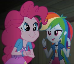 Size: 732x636 | Tagged: safe, imported from derpibooru, screencap, pinkie pie, rainbow dash, equestria girls, rainbow rocks, female, lip bite, out of context, squee