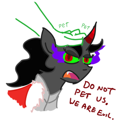 Size: 800x800 | Tagged: safe, artist:jargon scott, imported from derpibooru, king sombra, human, pony, behaving like a cat, hand, human on pony petting, i am the night, looking at you, offscreen character, offscreen human, petting, queen umbra, rule 63