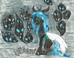 Size: 1024x807 | Tagged: dead source, safe, artist:goremistress, imported from derpibooru, queen chrysalis, changeling, changeling queen, nymph, crown, cute, cutealis, cuteling, eye, eyes, female, jewelry, mommy chrissy, regalia, sleeping