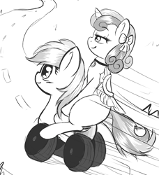 Size: 1280x1401 | Tagged: safe, artist:wickedsilly, imported from derpibooru, royal ribbon, oc, oc:wheely bopper, original species, wheelpone, collar, grin, happy, monochrome, ponies riding ponies, ribbon, riding, road, saddle, sketch