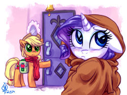 Size: 1075x800 | Tagged: safe, artist:whitediamonds, imported from derpibooru, applejack, rarity, earth pony, pony, unicorn, applejack's hat, bag, bell, blanket, blushing, carousel boutique, clothes, cold, cowboy hat, doorbell, female, freezing, hat, lesbian, mirror, pouting, rarijack, rarijack daily, saddle bag, scarf