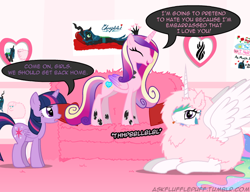 Size: 650x500 | Tagged: safe, artist:mixermike622, imported from derpibooru, princess cadance, princess celestia, queen chrysalis, twilight sparkle, oc, oc:fluffle puff, alicorn, pony, tumblr:ask fluffle puff, clothes, costume, couch, cute, cutealis, cutedance, cutelestia, dead space, female, flufflebetes, mare, ocbetes, onomatopoeia, raspberry, raspberry noise, role reversal, spread wings, tongue out, twiabetes, twilight sparkle (alicorn)