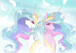 Size: 800x558 | Tagged: safe, artist:yuki-zakuro, artist:yukina-namagaki, imported from derpibooru, princess celestia, pony, duality, female, jewelry, looking at you, mare, pinklestia, regalia