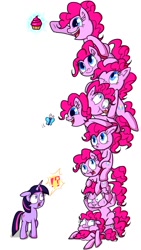 Size: 640x1136 | Tagged: safe, artist:vdru7, imported from derpibooru, pinkie pie, twilight sparkle, butterfly, earth pony, pony, clone, derp, faceplant, faic, female, floppy ears, looking at you, magic, mare, multeity, one eye closed, open mouth, pinkie clone, pixiv, simple background, smiling, sweat, telekinesis, tongue out, too much pink energy is dangerous, tower of pony, white background