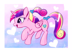 Size: 2625x1925 | Tagged: safe, artist:kawaiipony2, imported from derpibooru, princess cadance, bow, female, hair bow, heart, ponytail, solo, sunshine sunshine, tail bow, younger