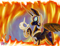 Size: 1000x773 | Tagged: safe, artist:clouddg, imported from derpibooru, nightmare moon, alicorn, pony, female, fire, raised hoof, skull, smirk, solo