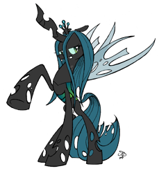 Size: 876x955 | Tagged: safe, artist:yewdee, imported from derpibooru, queen chrysalis, changeling, changeling queen, crown, fangs, female, jewelry, raised hoof, regalia, solo, transparent wings, wings