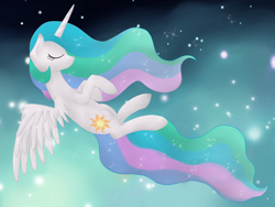 Size: 1000x750 | Tagged: safe, artist:helen3, imported from derpibooru, princess celestia, female, floating, peaceful, sleeping, sleeping while flying, solo, stars