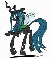 Size: 600x697 | Tagged: safe, artist:yewdee, imported from derpibooru, queen chrysalis, changeling, changeling queen, bouncing, crown, female, jewelry, looking back, regalia, smiling, solo, transparent wings, wings