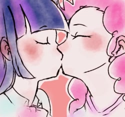 Size: 320x300 | Tagged: safe, artist:chi-hayu, imported from derpibooru, pinkie pie, twilight sparkle, human, blushing, clothes, duo, equestria girls outfit, female, humanized, kiss on the lips, kissing, lesbian, light skin, shipping, twinkie