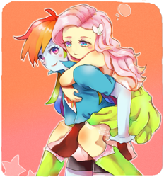 Size: 561x604 | Tagged: safe, artist:chi-hayu, imported from derpibooru, fluttershy, rainbow dash, equestria girls, cute, female, flutterdash, lesbian, piggyback ride, shipping