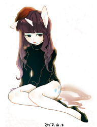 Size: 594x778 | Tagged: safe, artist:chi-hayu, imported from derpibooru, rarity, anthro, ambiguous facial structure, beatnik rarity, beret, clothes, female, hat, high heels, shoes, simple background, solo, sweater, white background