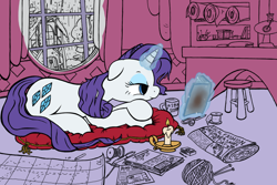 Size: 1200x800 | Tagged: safe, artist:anearbyanimal, imported from derpibooru, rarity, book, candle, carousel boutique, female, mug, newspaper, rain, reading, solo, stool, yarn