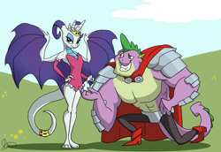 Size: 2799x1926 | Tagged: safe, artist:multiversecafe, imported from derpibooru, rarity, spike, anthro, dragon, armor, beefspike, cape, cloak, clothes, dragoness, dragonified, female, jewelry, kneeling, leotard, male, raridragon, shipping, sparity, species swap, spread wings, straight, tiara