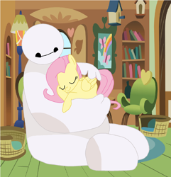 Size: 1568x1624 | Tagged: safe, artist:pikachuandpichu106, imported from derpibooru, fluttershy, pony, baymax, big hero 6, crossover, cuddling, cute, eyes closed, holding a pony, hug, sleeping, smiling, snuggling