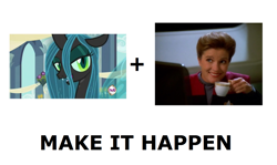 Size: 1337x796 | Tagged: safe, imported from derpibooru, queen chrysalis, coffee, exploitable meme, kathryn janeway, make it happen, meme, sfdebris, star trek, star trek: voyager