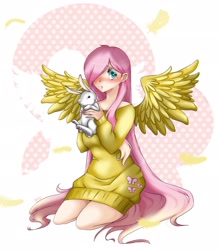 Size: 1790x2048 | Tagged: safe, artist:malice-artworks, imported from derpibooru, angel bunny, fluttershy, human, clothes, female, humanized, solo, sweatershy, winged humanization