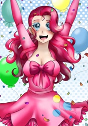 Size: 1445x2048 | Tagged: safe, artist:malice-artworks, imported from derpibooru, pinkie pie, human, cleavage, clothes, dress, female, humanized, solo