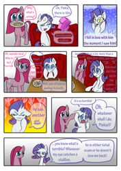 Size: 2480x3508 | Tagged: safe, artist:drhikari, imported from derpibooru, pinkie pie, rarity, pony, comic:dealing with depression, clothes, comic, cookie, couch, cross-popping veins, crying, eating, fire, floppy ears, food, pinkamena diane pie, plate, scarf