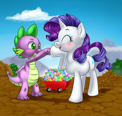 Size: 1024x980 | Tagged: safe, artist:pia-sama, imported from derpibooru, rarity, spike, pony, unicorn, a dog and pony show, blushing, female, fist bump, friendshipping, gem, hoofbump, mare