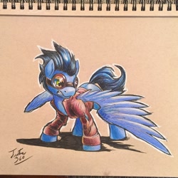 Size: 1280x1280 | Tagged: safe, artist:tsitra360, imported from derpibooru, soarin', goggles, male, solo, traditional art