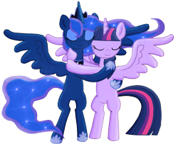 Size: 1524x1280 | Tagged: safe, artist:diren-chan, artist:majkashinoda626, imported from derpibooru, princess luna, twilight sparkle, alicorn, pony, bipedal, eyes closed, female, hug, lesbian, mare, shipping, simple background, smiling, spread wings, twilight sparkle (alicorn), twiluna