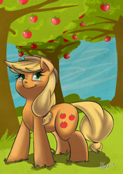 Size: 2480x3507 | Tagged: safe, artist:atane27, imported from derpibooru, applejack, female, smiling, solo, tree