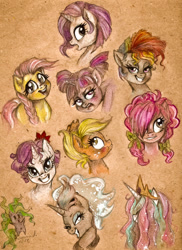 Size: 600x825 | Tagged: safe, artist:arnne, imported from derpibooru, applejack, fluttershy, mane-iac, pinkie pie, princess celestia, princess luna, rainbow dash, rarity, twilight sparkle, alternate hairstyle, blushing, mane six, messy mane, traditional art