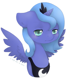 Size: 1183x1384 | Tagged: safe, artist:e-pon, imported from derpibooru, princess luna, blushing, female, floppy ears, fluffy, frown, portrait, s1 luna, sad, simple background, solo, spread wings, three quarter view, white background