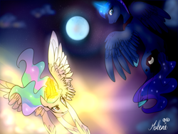 Size: 1024x768 | Tagged: safe, artist:rflzqt, imported from derpibooru, princess celestia, princess luna, moon