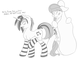 Size: 1280x974 | Tagged: safe, artist:capseys, imported from derpibooru, dj pon-3, octavia melody, vinyl scratch, blushing, clothes, female, lesbian, monochrome, scratchtavia, shipping, socks