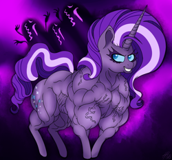 Size: 1100x1024 | Tagged: safe, artist:sovereignbooty, imported from derpibooru, nightmare rarity, evil grin, fetish, muscle expansion, muscle fetish, muscles, ripped rarity, transformation, vein