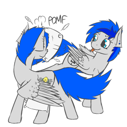 Size: 2000x2000 | Tagged: safe, artist:jordo76, imported from derpibooru, oc, oc only, oc:sapphire sights, oc:wingedthoughts, pegasus, pony, fallout equestria, pillow fight, sibling teasing, tongue out