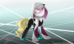 Size: 1153x692 | Tagged: safe, artist:supermare, imported from derpibooru, applejack, edge of spider-verse, gwen stacy, ponified, spider-gwen, spider-woman