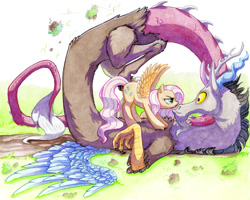 Size: 1000x798 | Tagged: safe, artist:mommashy, imported from derpibooru, discord, fluttershy, colored pencil drawing, disapproval, discoshy, female, male, mixed media, on back, shipping, straight, traditional art, watercolor painting