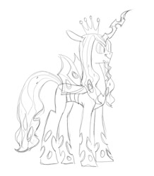 Size: 768x880 | Tagged: safe, artist:carnifex, imported from derpibooru, queen chrysalis, changeling, changeling queen, changeling king, crown, female, grayscale, jewelry, king metamorphosis, male, monochrome, regalia, rule 63, simple background, solo, white background