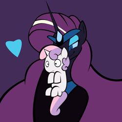 Size: 2248x2248 | Tagged: safe, artist:rubbermage, imported from derpibooru, nightmare rarity, sweetie belle, pony, unicorn, carrying, female, heart, nicemare rarity, scruff, sibling love, siblings, sisterly love, sisters