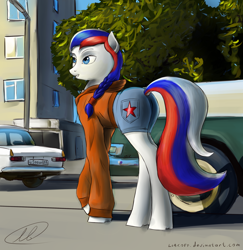 Size: 2428x2500 | Tagged: safe, artist:apocheck13, imported from derpibooru, oc, oc only, oc:marussia, pony, blue eyes, butt, car, clothes, denim, denim shorts, dock, female, happy, hoodie, long legs, multicolored mane, multicolored tail, nation ponies, outdoors, plot, russia, russian, shorts, smiling, solo, streetlight, tomboy, tree