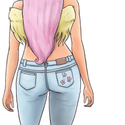 Size: 1000x1000 | Tagged: safe, artist:king-kakapo, imported from derpibooru, fluttershy, human, ass, butt, clothes, cute, cutie mark, female, flutterbutt, humanized, jeans, multiple variants, simple background, solo, topless, transparent background, winged humanization