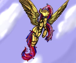 Size: 979x816 | Tagged: safe, artist:magello, imported from derpibooru, fluttershy, pegasus, pony, robot, color, eyes closed, female, flutterbot, flying, solo, wings