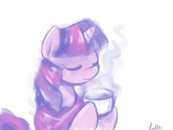 Size: 960x720 | Tagged: safe, artist:lumineko, imported from derpibooru, twilight sparkle, blanket, coffee, coffee mug, eyes closed, female, mug, solo